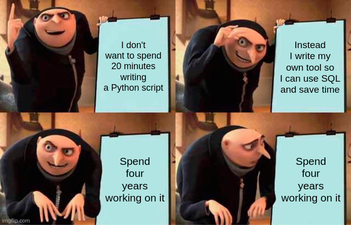A Gru meme about how I spend four years to generalize a solution to avoid 20 minutes of writing a script for a problem I had